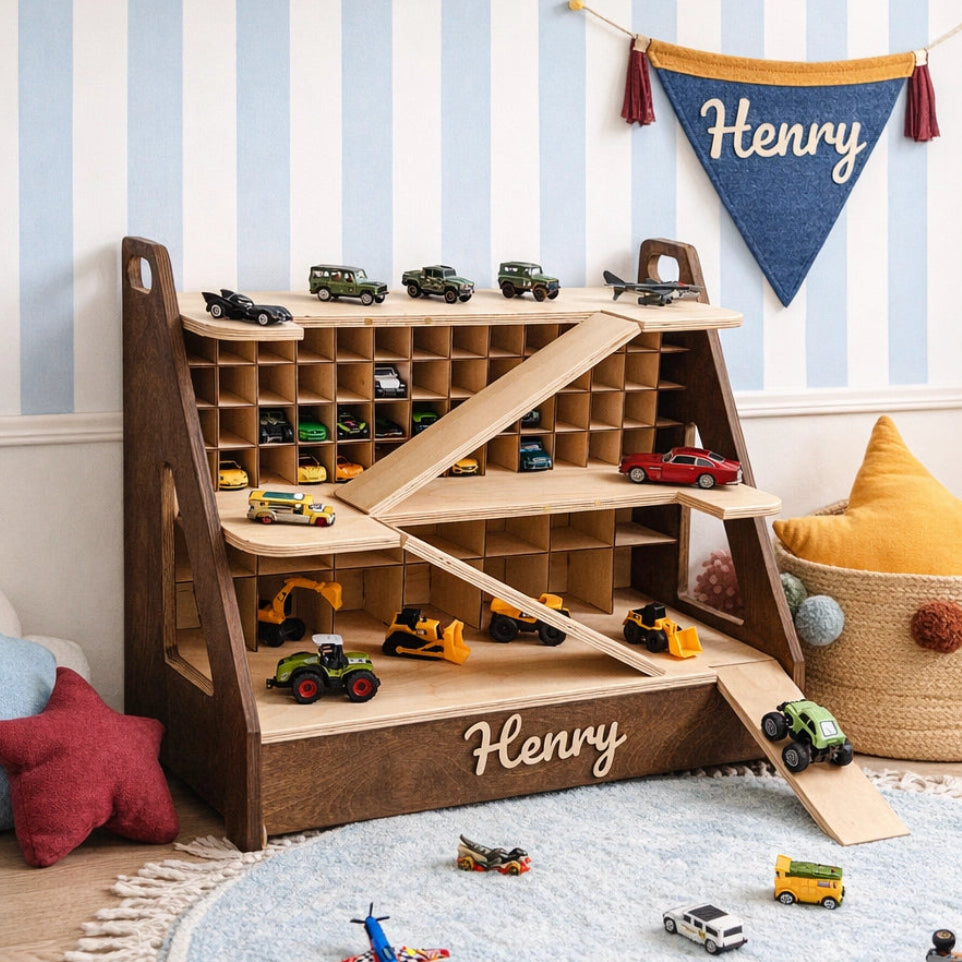 Personalized dark wood toy car garage with 3D name Henry, filled with toy cars, in a boy's room