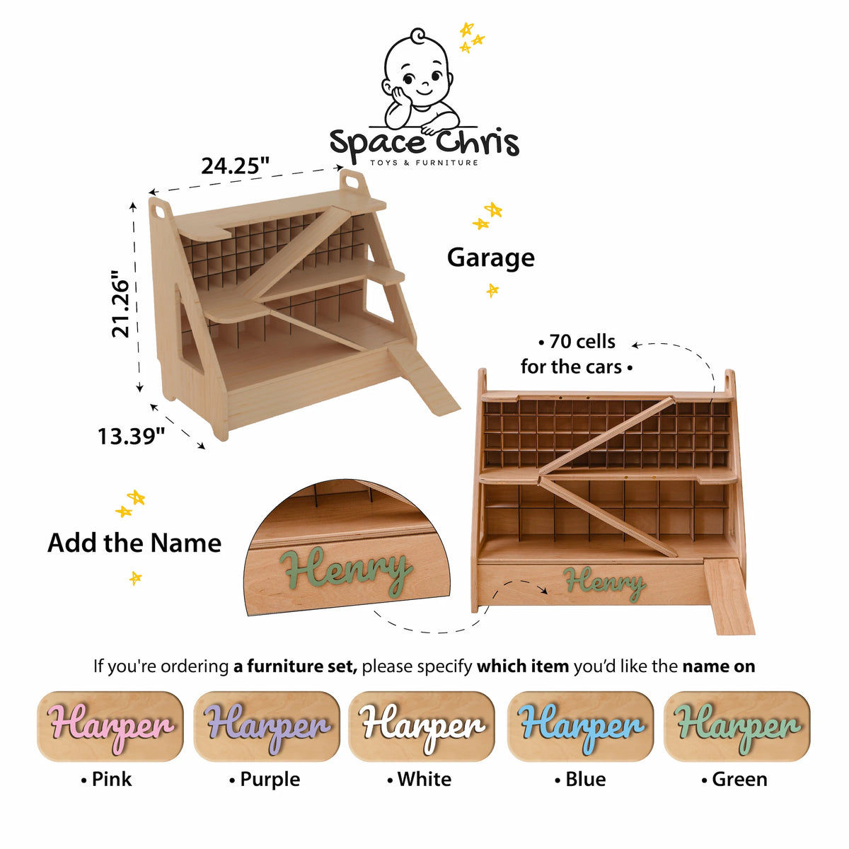 Infographic of the wooden toy car garage with 70 car cells, dimensions and five name colors: pink, purple, white, blue, green