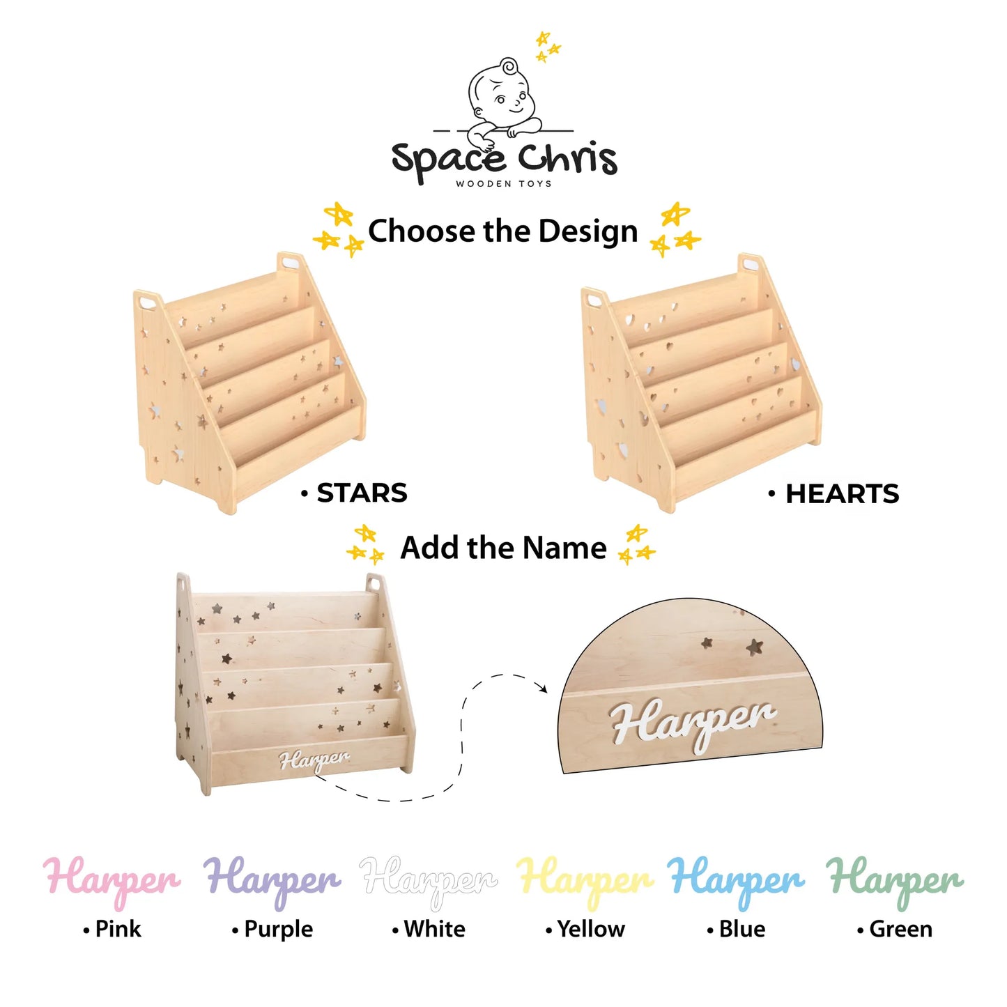 Waldorf Montessori Bookshelf with Name – Kids’ Room Book Organizer