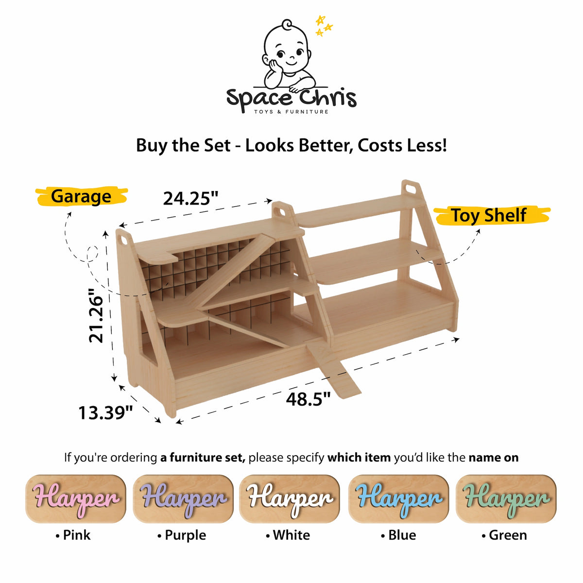 Infographic showing the toy car garage and toy shelf set option with dimensions and five name colors