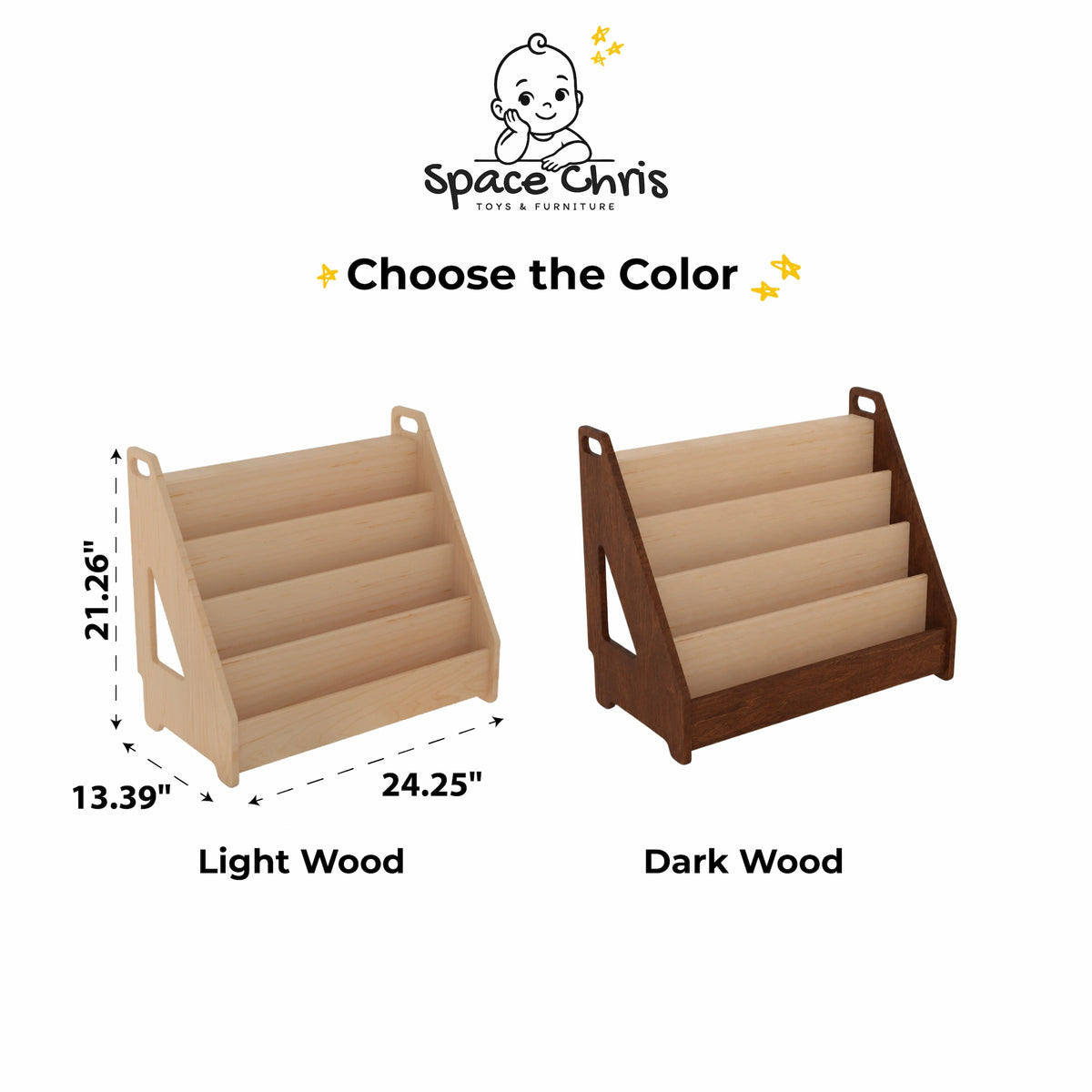 Bookshelf color options infographic showing Light Wood and Dark Wood finishes with dimensions