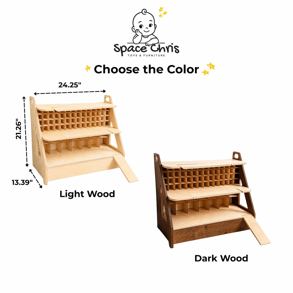 Toy car garage color options infographic showing Light Wood and Dark Wood finishes with dimensions