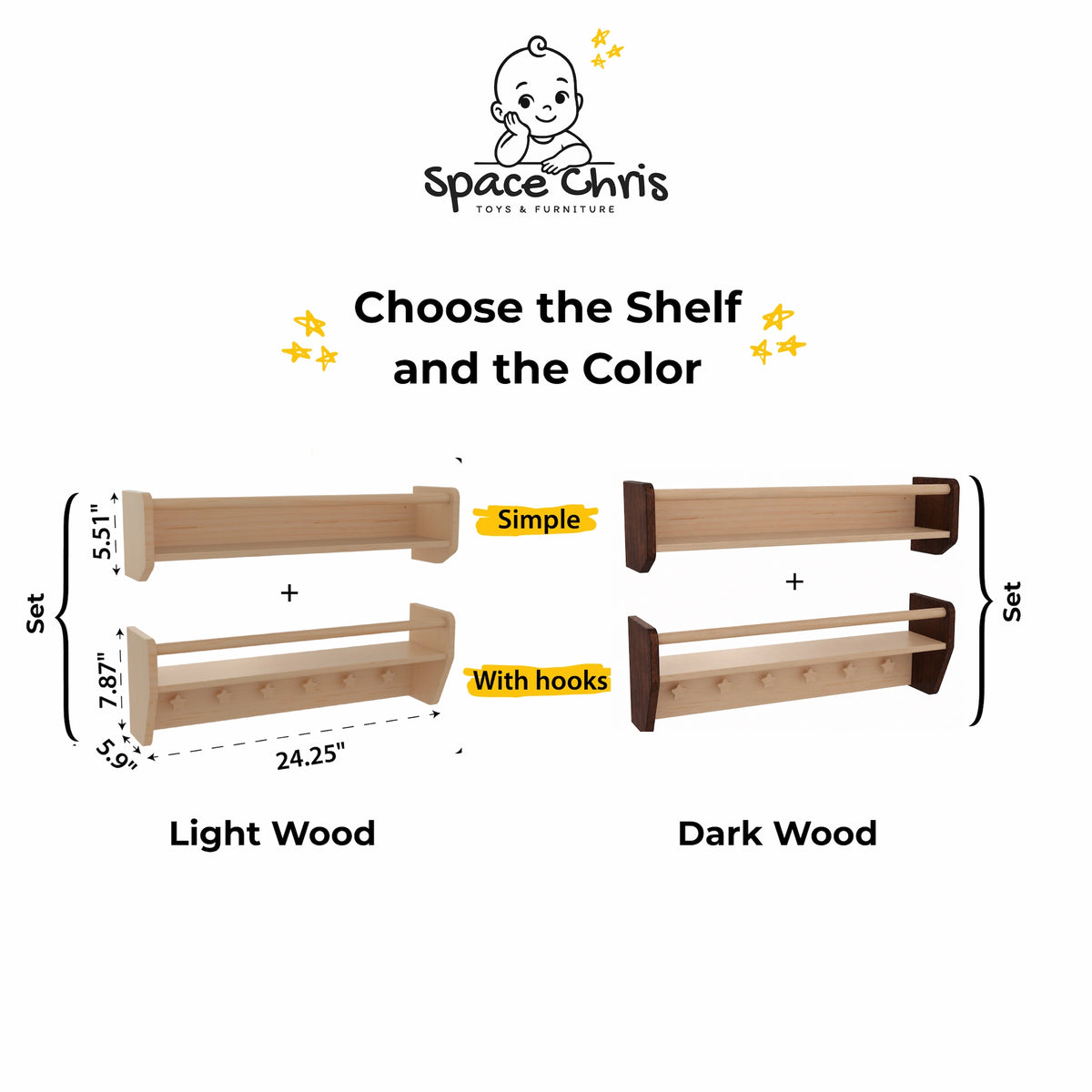Wall shelf options infographic showing single shelf, shelf with hooks and set, in Light Wood and Dark Wood with dimensions
