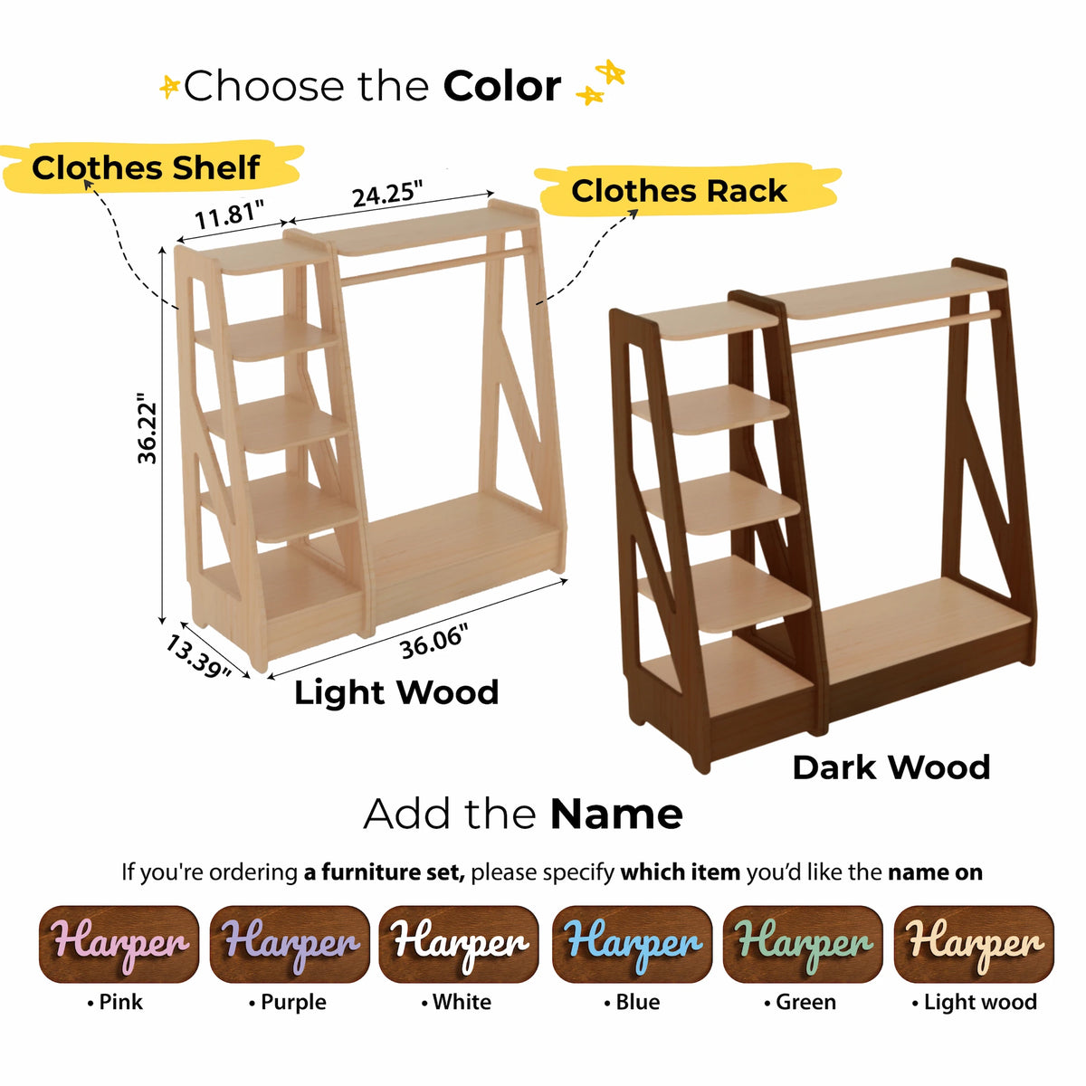 A wooden clothes shelf and clothes rack set with dimension labels, wood color variations and variations for colors of chilld's name letters on the shelf.