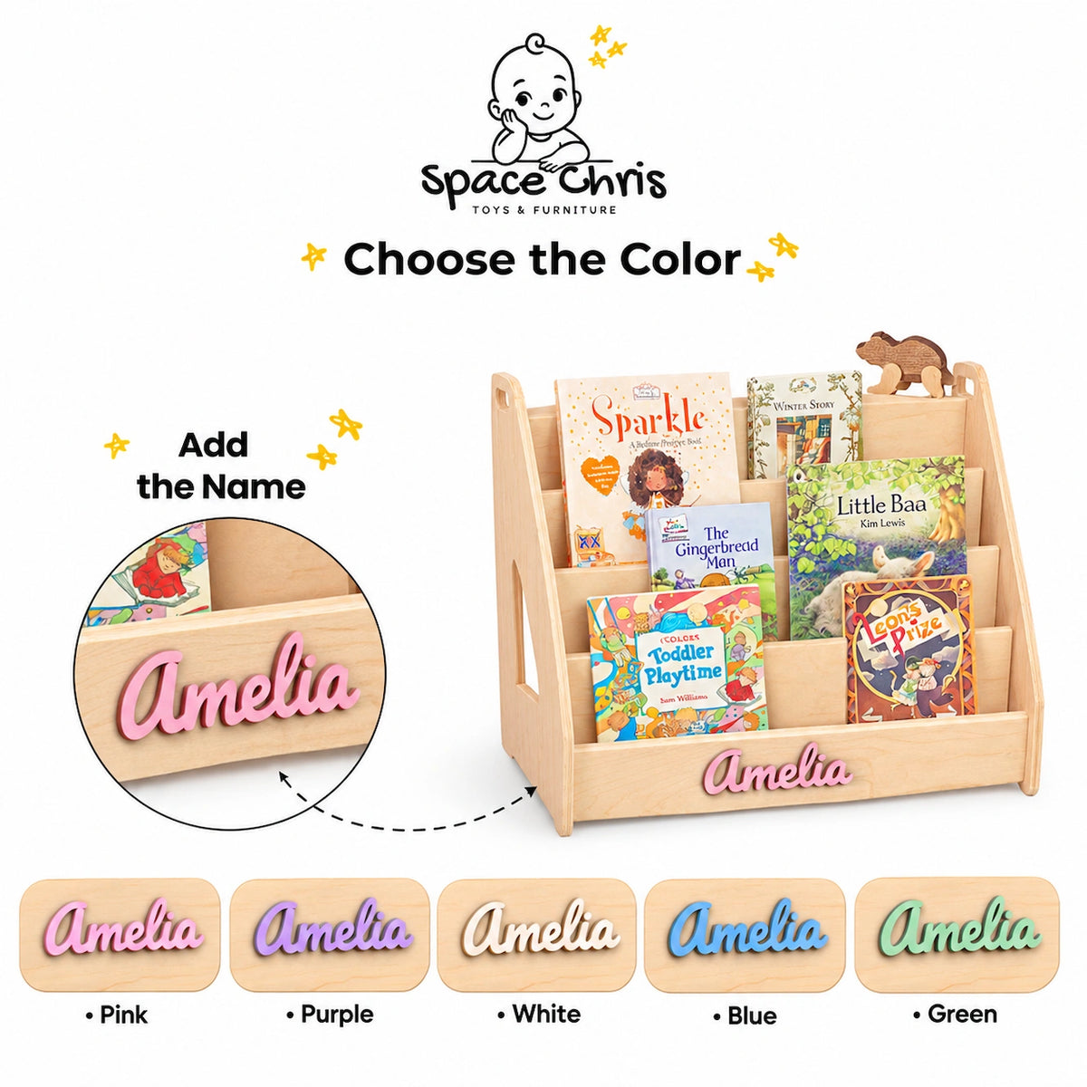 Montessori bookshelf infographic with light wood finish and 3D name color options