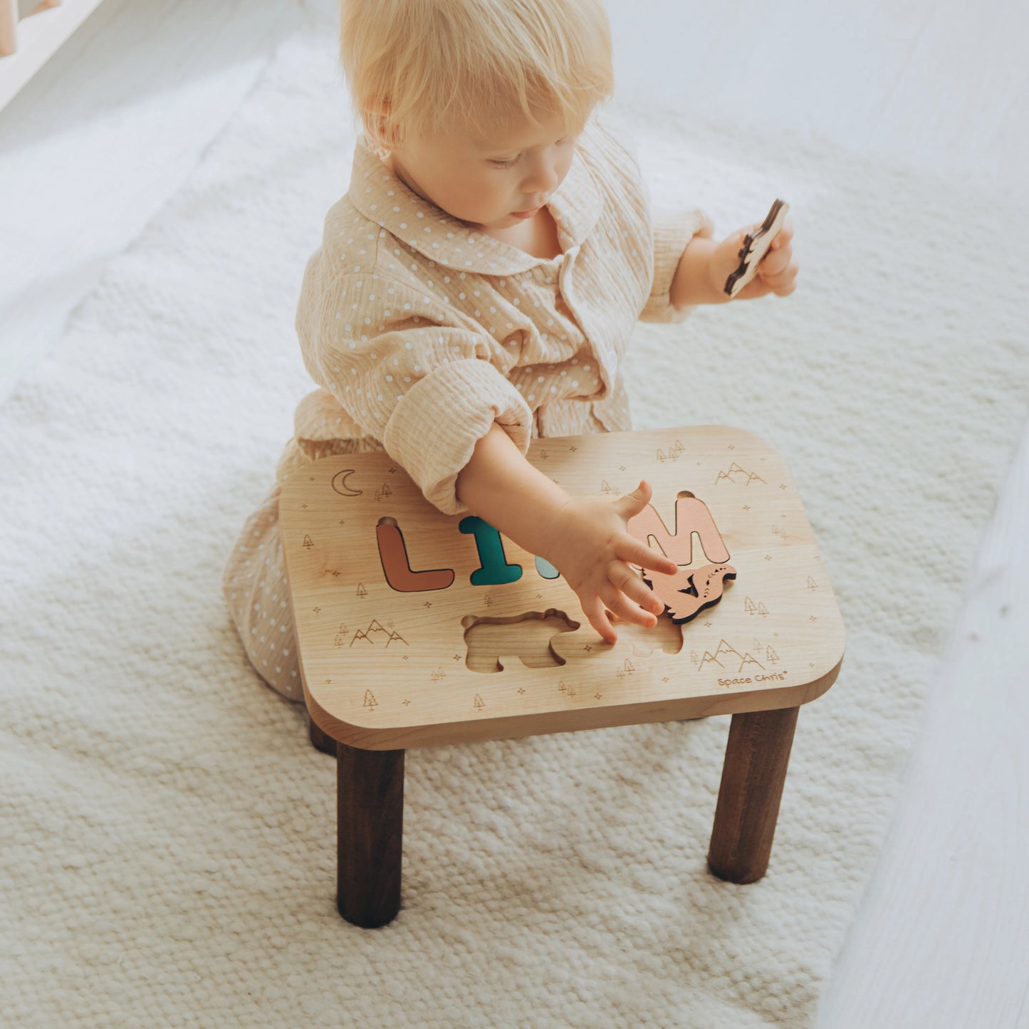 Personalized Toddler Step Stool with Name – Wooden Nursery Stool with Heart & Butterfly