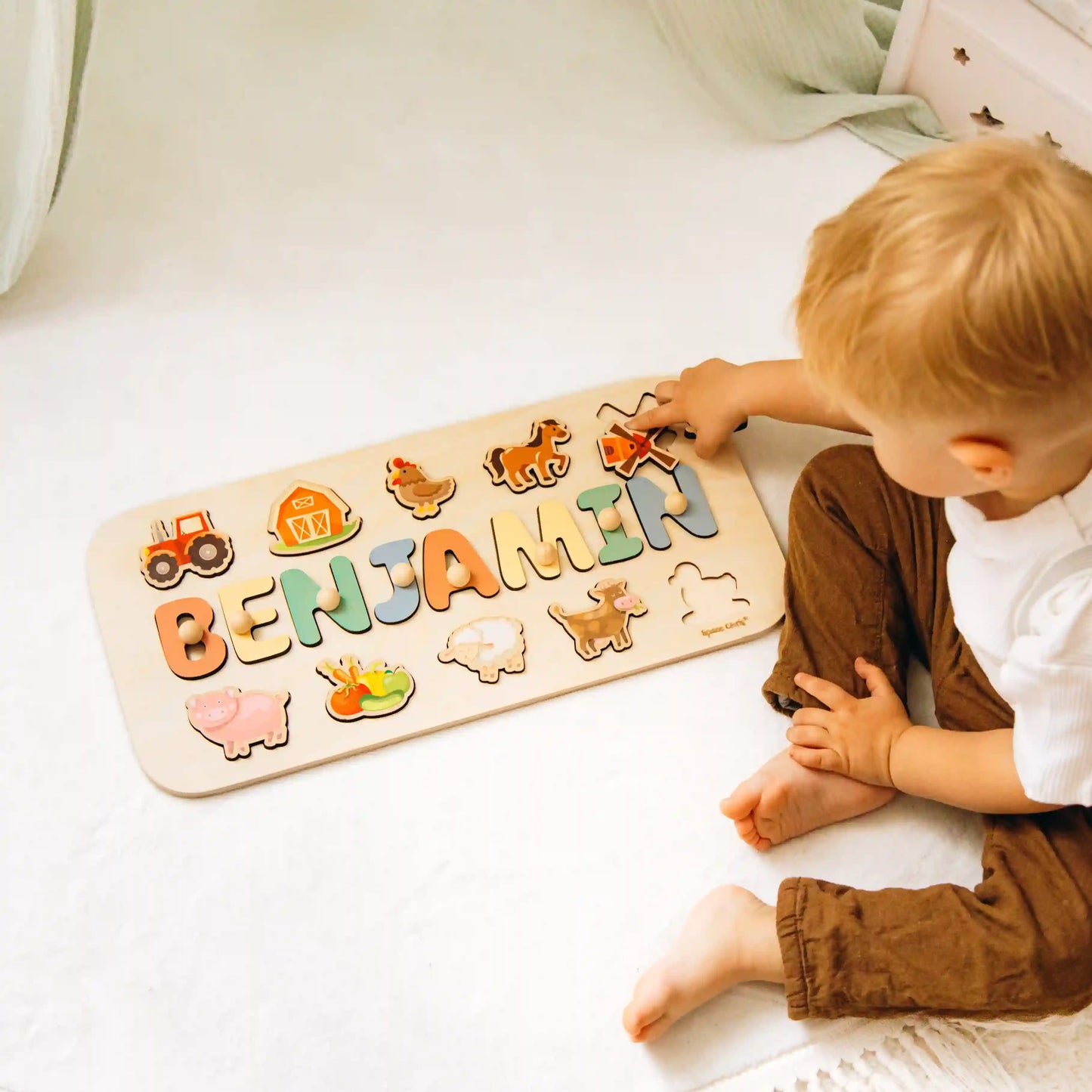 Personalized Wooden Name Puzzle with Farm Animals – Custom Educational Montessori Toy for Toddlers, Baby Shower Gift, Nursery Decor