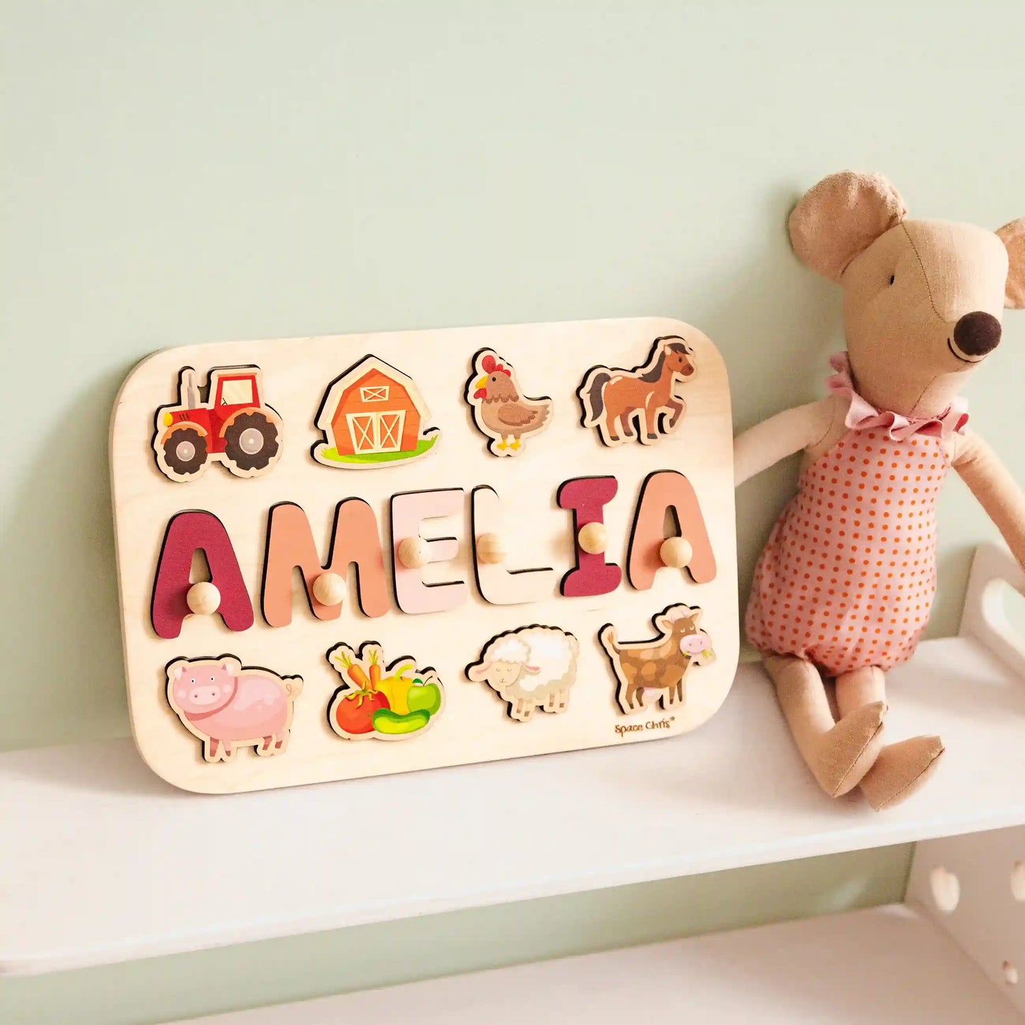 Personalized Wooden Name Puzzle with Farm Animals – Custom Educational Montessori Toy for Toddlers, Baby Shower Gift, Nursery Decor