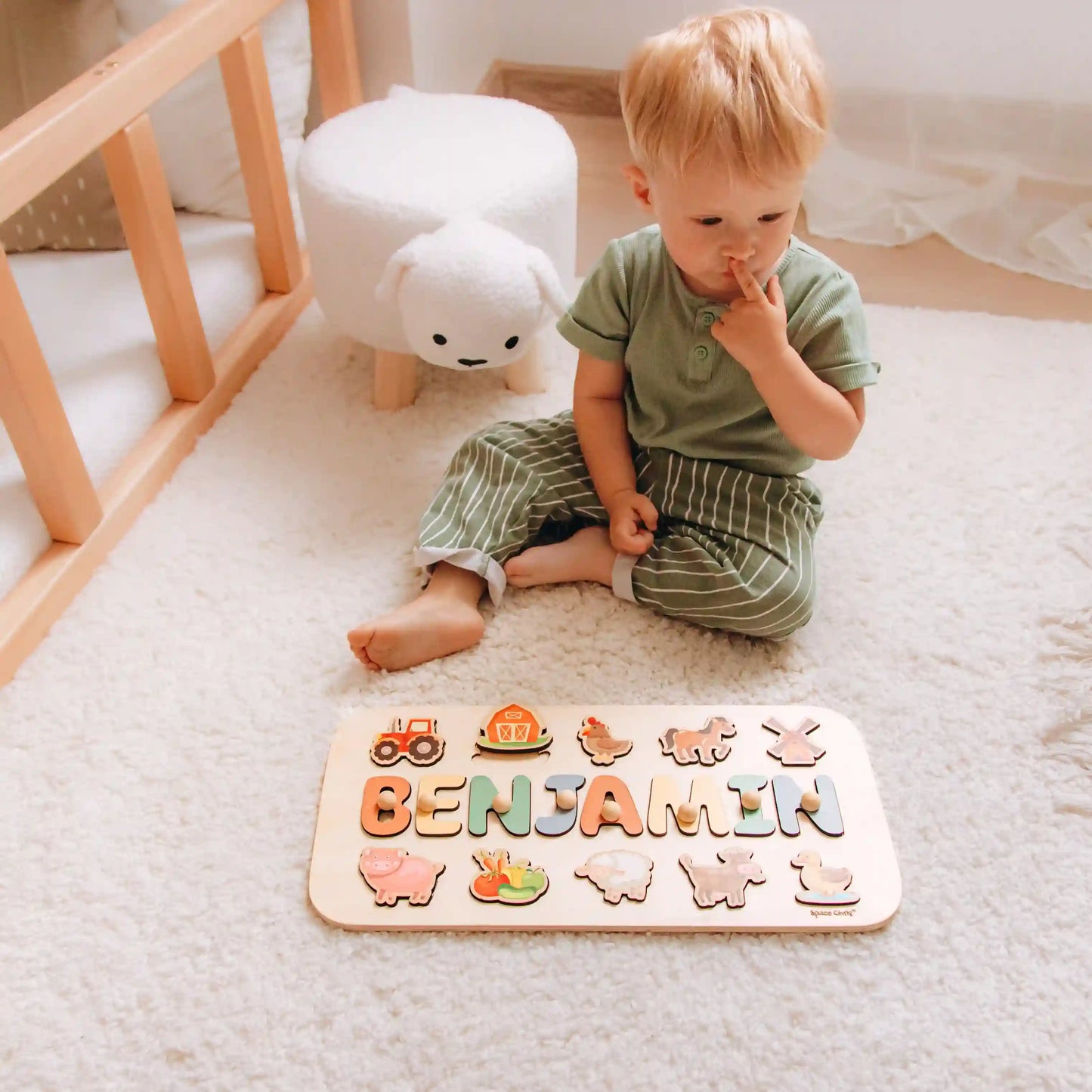 Personalized Wooden Name Puzzle with Farm Animals – Custom Educational Montessori Toy for Toddlers, Baby Shower Gift, Nursery Decor