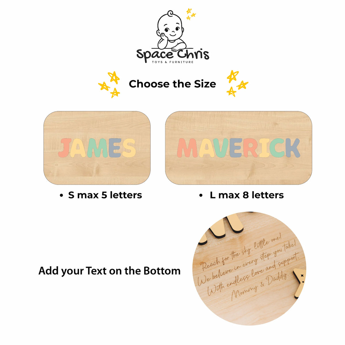 Size options and custom bottom engraving details for the personalized toddler step stool.