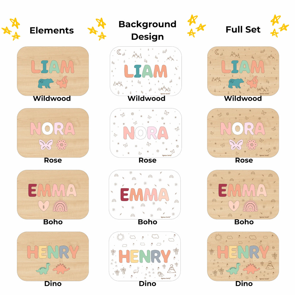 Theme customization options for the wooden name stool including Wildwood, Rose, Boho, and Dino designs.