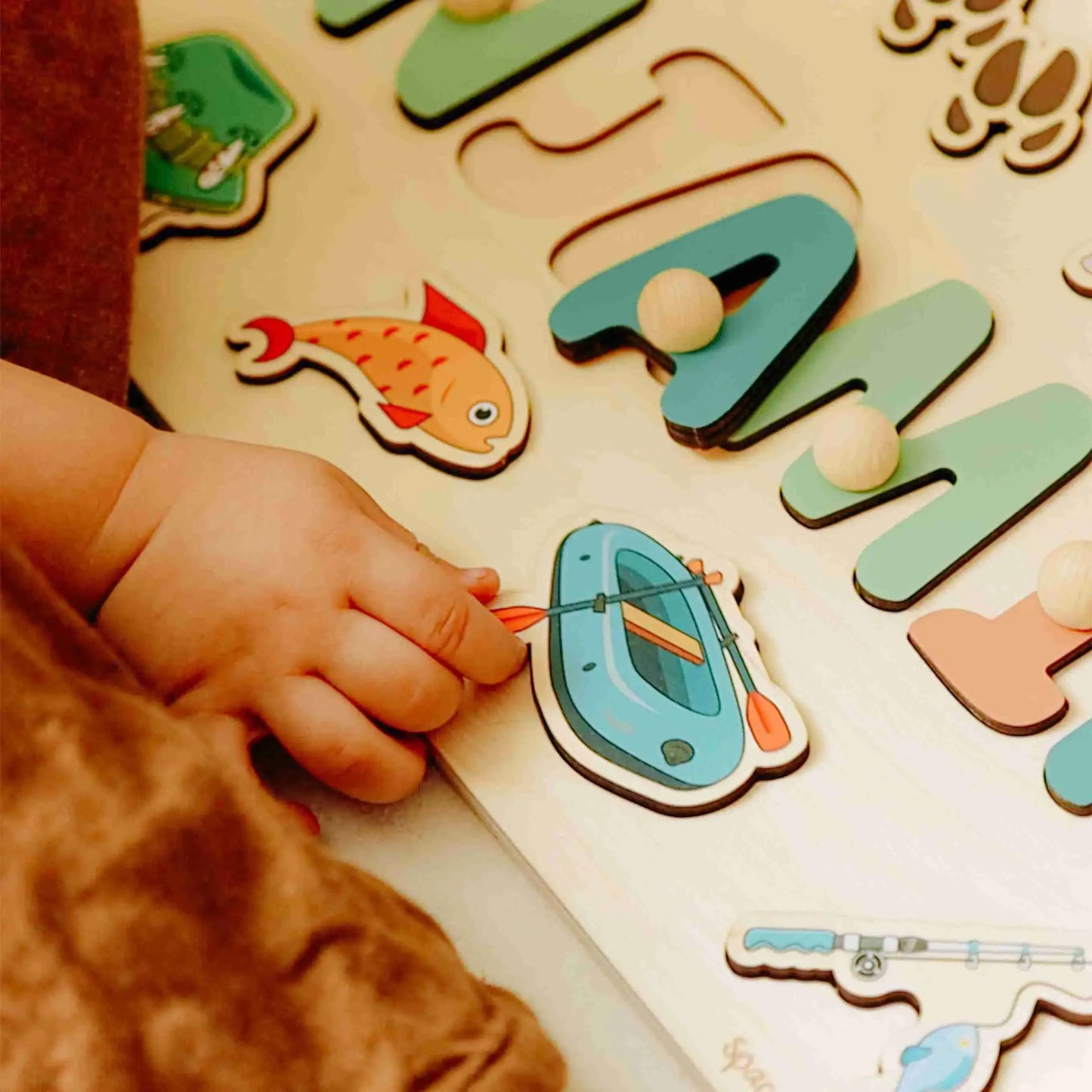 Personalized Wooden Name Puzzle for Boys – Fishing Theme, Educational Toy for Kids Ages 3–6, Custom Birthday Gift