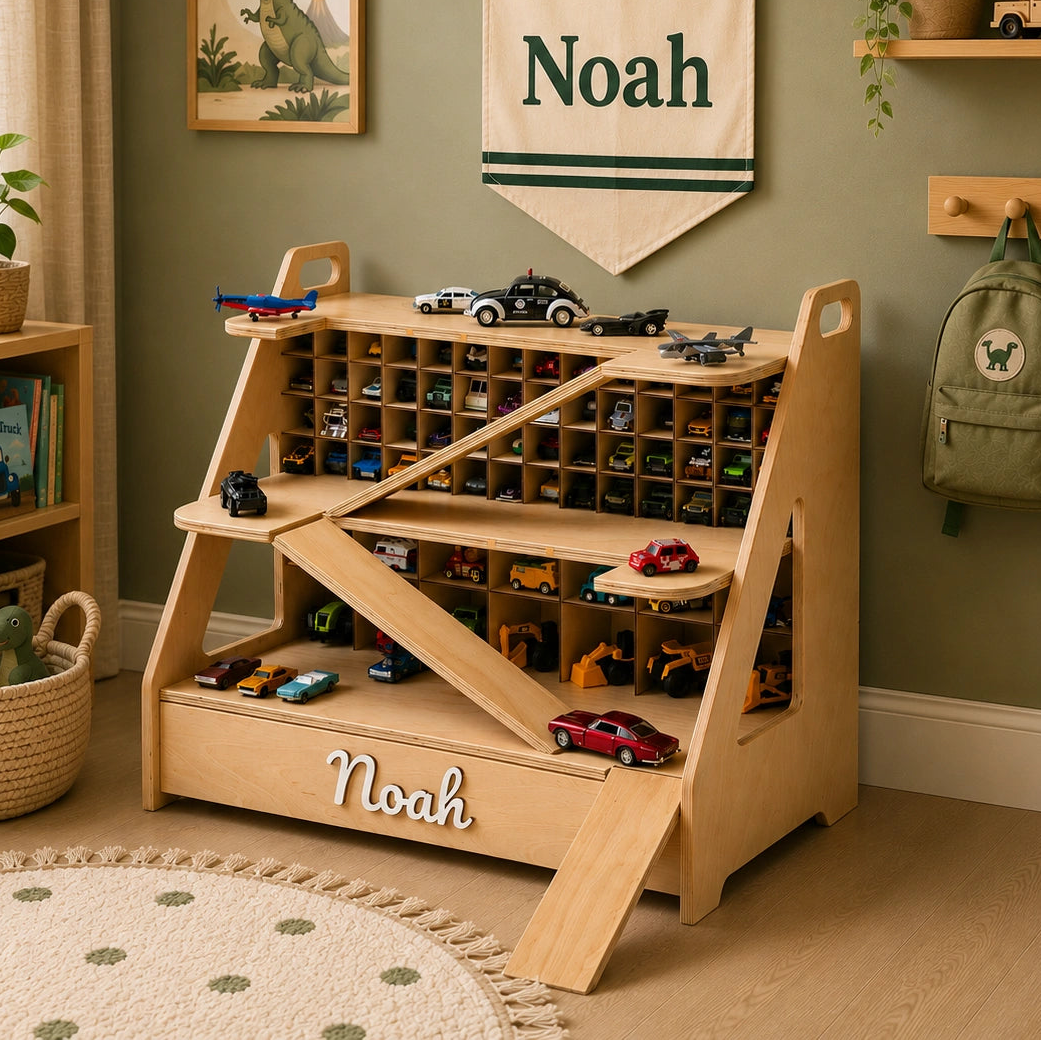 Personalized light wood toy car garage with 3D name Noah, filled with toy cars, in a green playroom