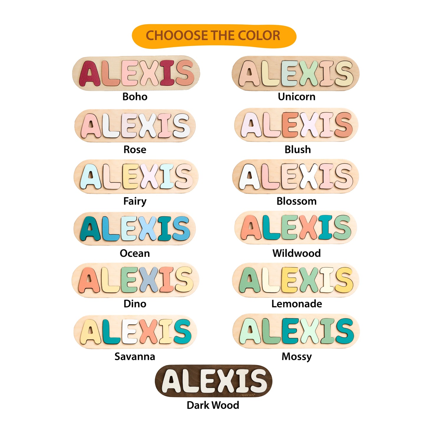Look What I Made sign color chart showing 13 name color options including Boho, Rose, Ocean, Dino and Dark Wood