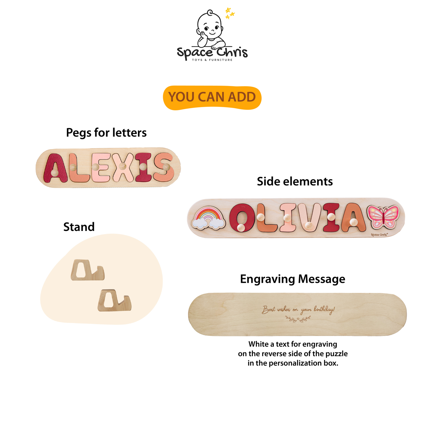 Custom Montessori Wooden Name Puzzle for Toddlers – Educational Toy with Pegs