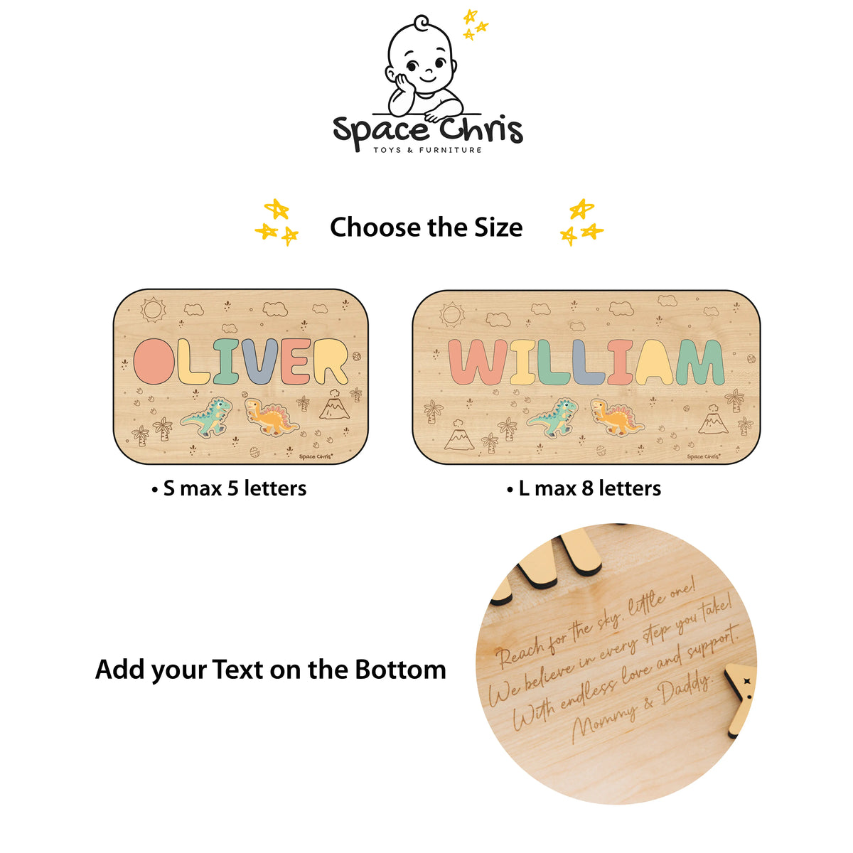 Size options and custom bottom engraving details for the personalized wooden name puzzle stool.