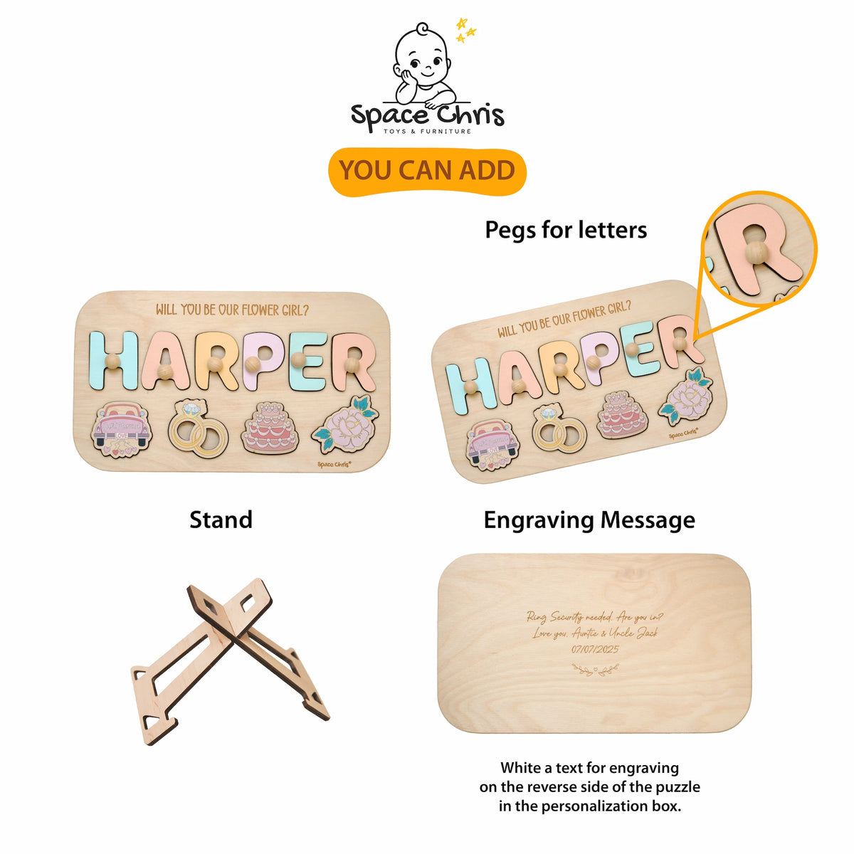 Flower girl puzzle add-on options: letter pegs, stand, and engraved message