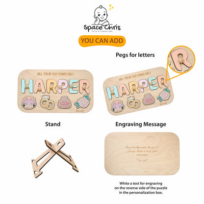 Flower girl puzzle add-on options: letter pegs, stand, and engraved message