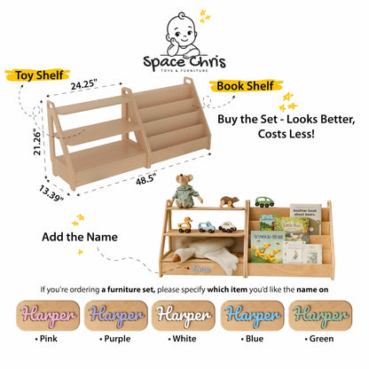 Infographic showing the toy shelf and bookshelf set option and five name colors: pink, purple, white, blue, green