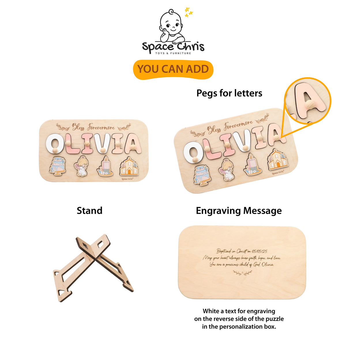 Baptism puzzle add-on options: letter pegs, stand, and engraved message