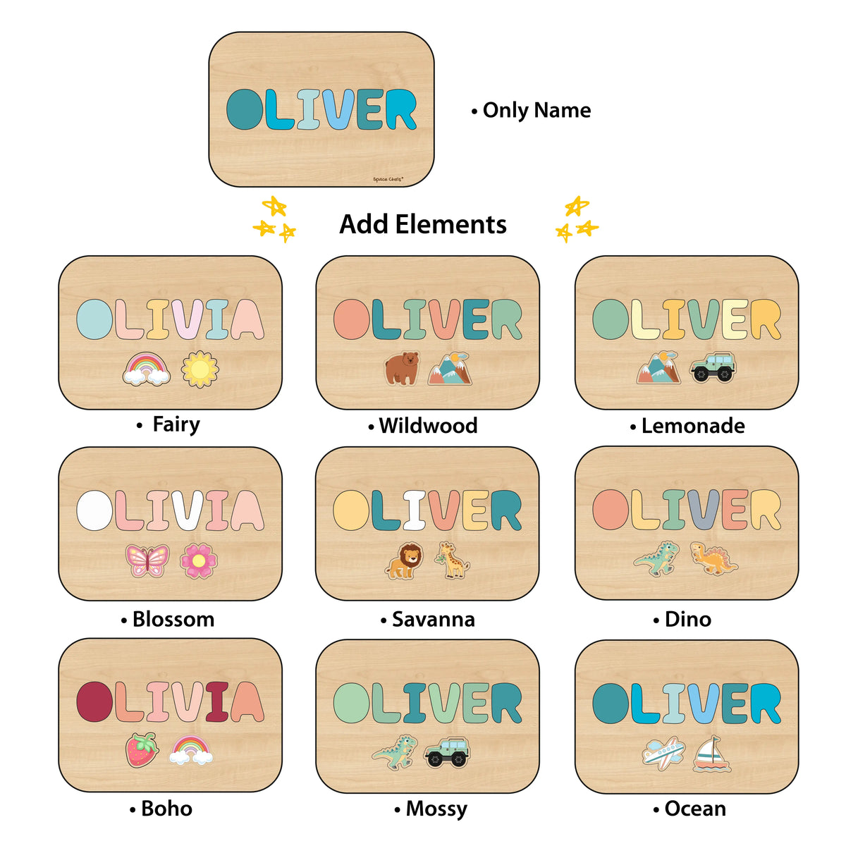 9 printed theme options including Wildwood, Ocean, and Boho for customizing the toddler step stool.