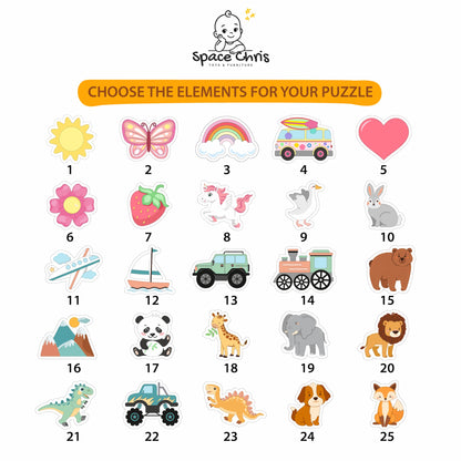 Chart of 25 side element options for the name puzzle including animals, vehicles, rainbow, unicorn and dinosaurs