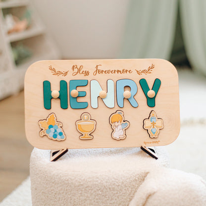 Personalized Henry baptism name puzzle displayed on wooden stand
