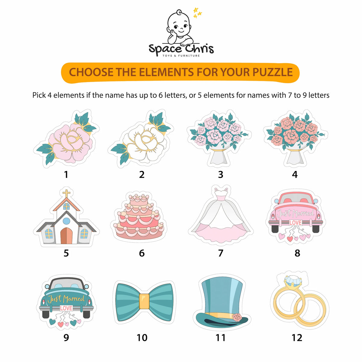 Wedding-themed icon options for flower girl proposal puzzle personalization