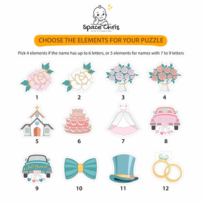 Wedding-themed icon options for flower girl proposal puzzle personalization