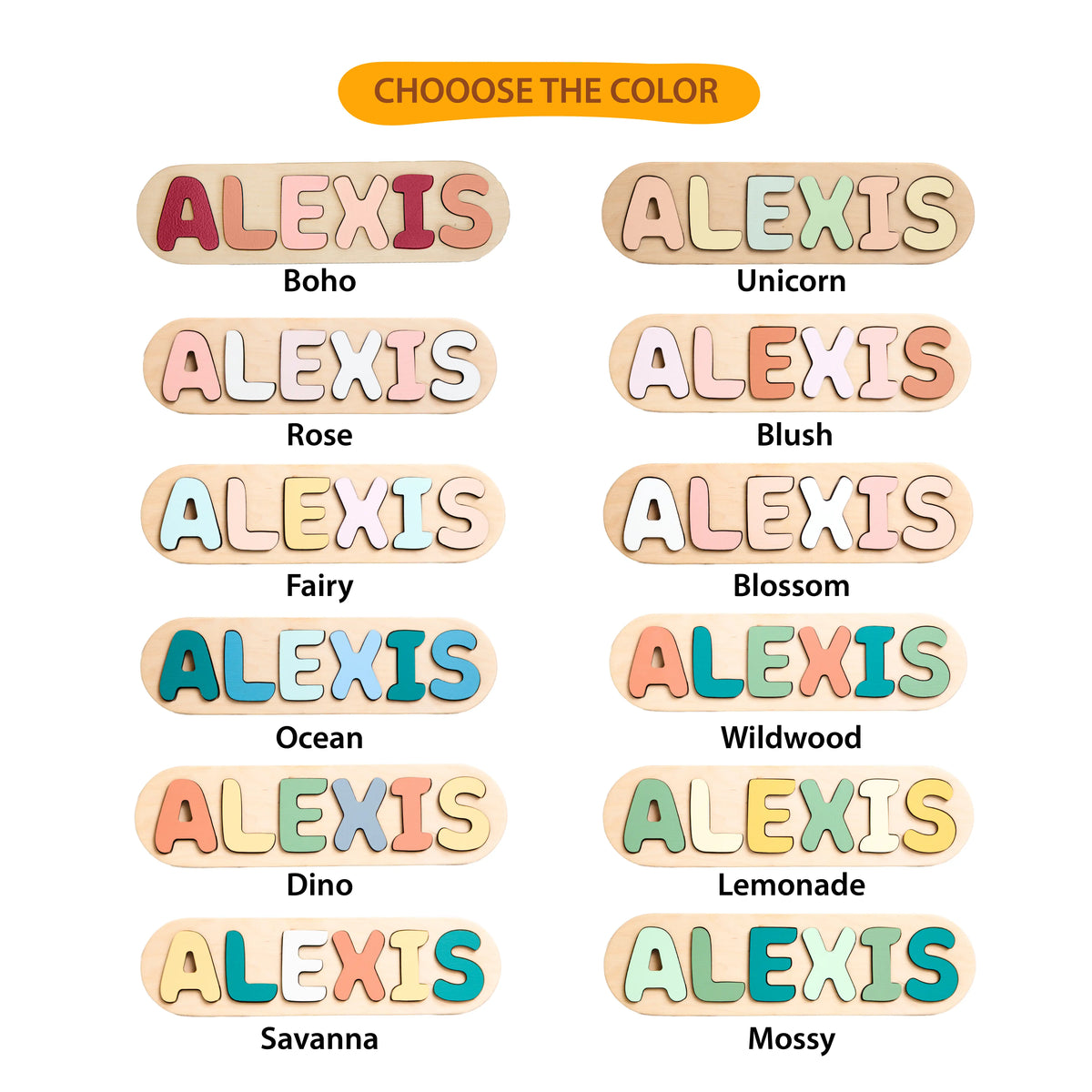 Baptism name puzzle shown in 12 color scheme options