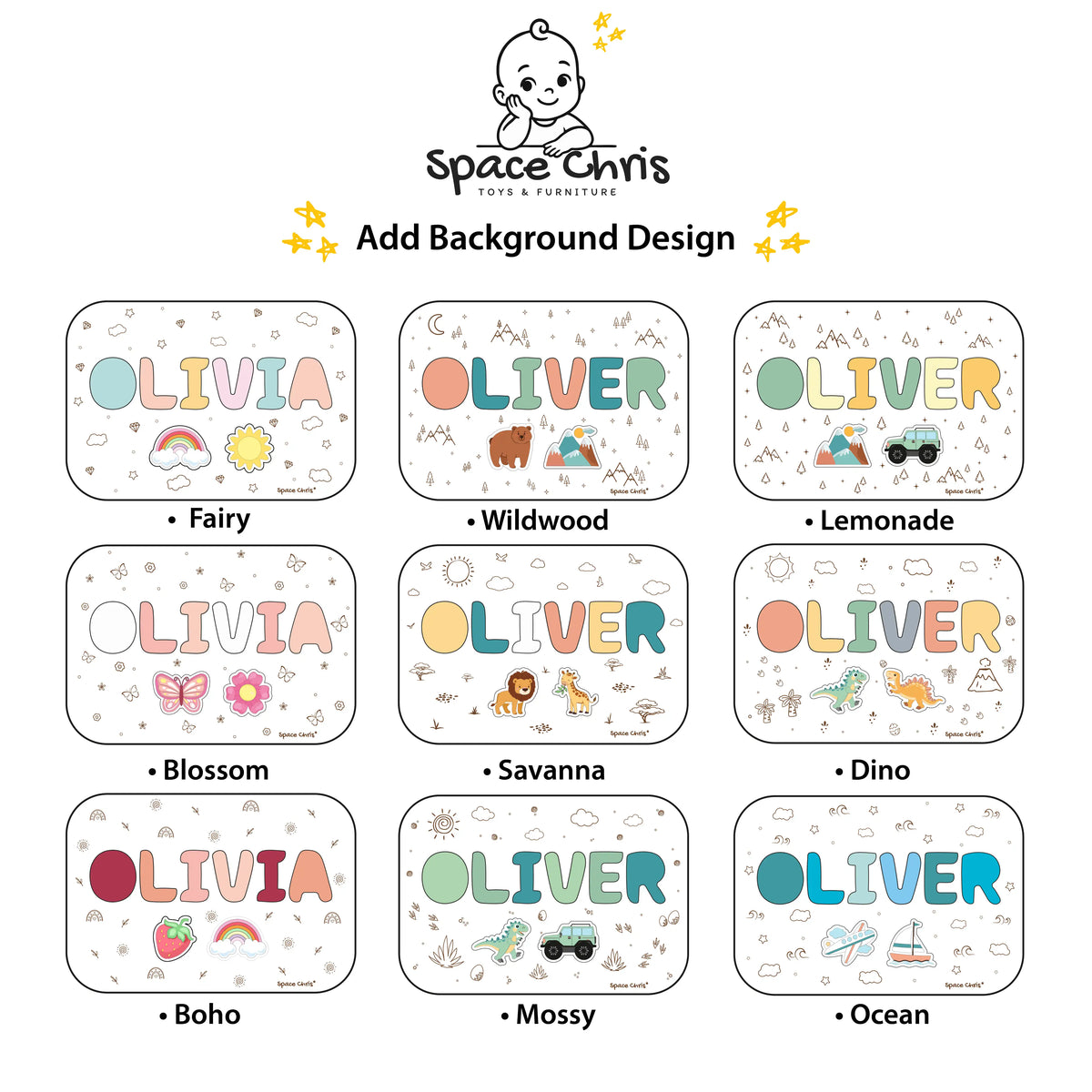 Beautiful engraved background design options to match the printed themes of the custom name stool.