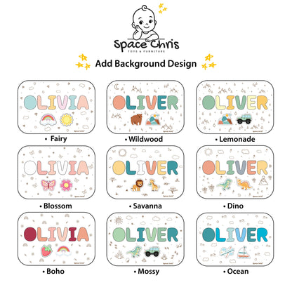 Beautiful engraved background design options to match the printed themes of the custom name stool.