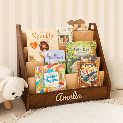 Personalized dark wood Montessori bookshelf with 3D name Amelia and front-facing children's books