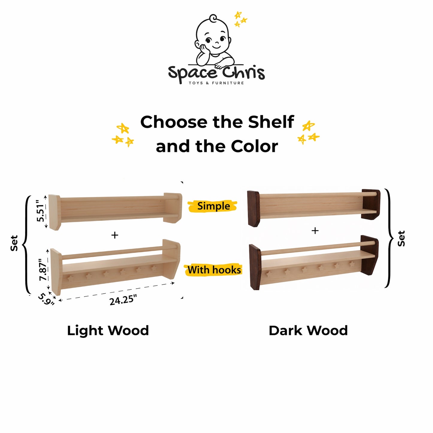 Wall shelf options infographic showing single shelf, shelf with hooks and set, in Light Wood and Dark Wood with dimensions