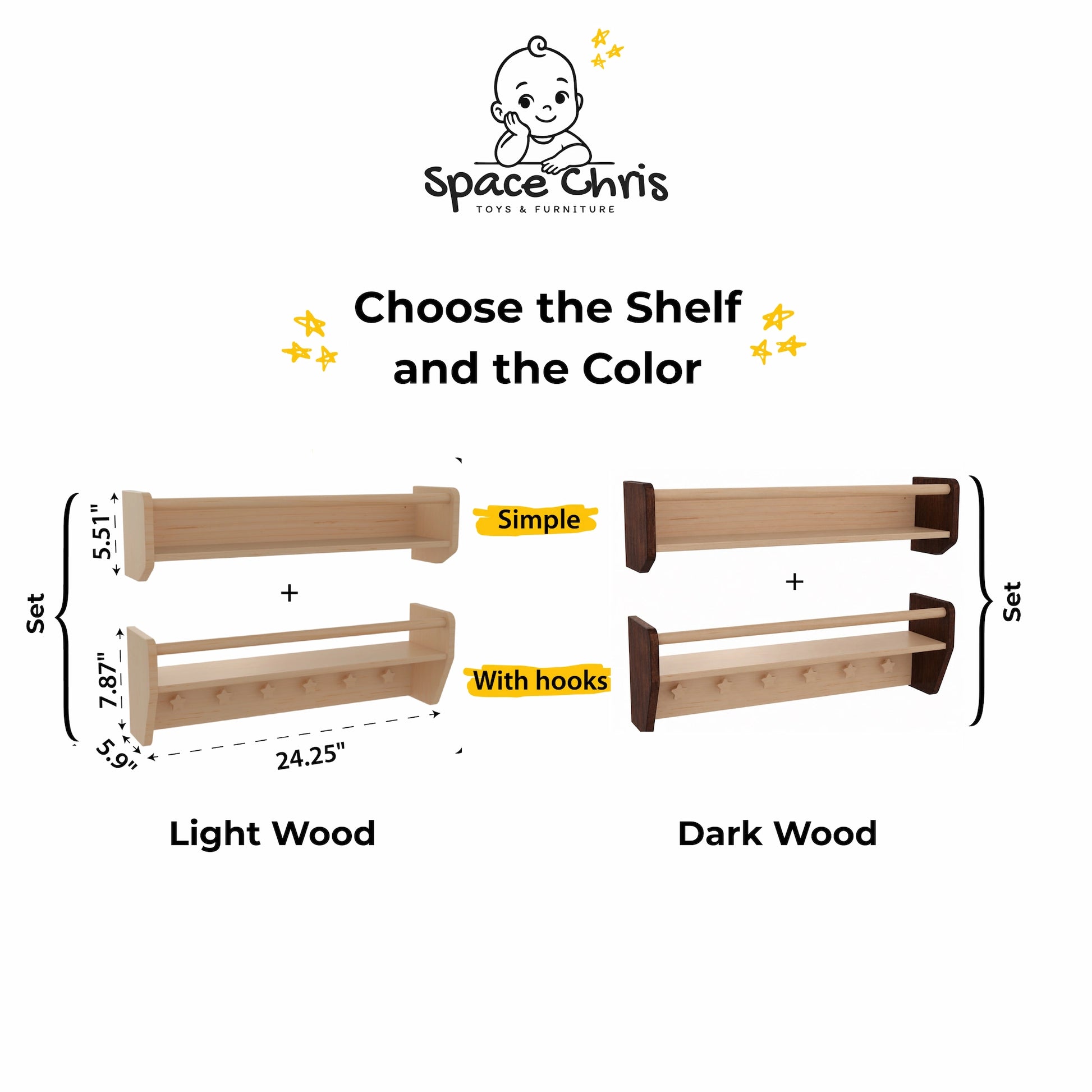 Wall shelf options infographic showing single shelf, shelf with hooks and set, in Light Wood and Dark Wood with dimensions