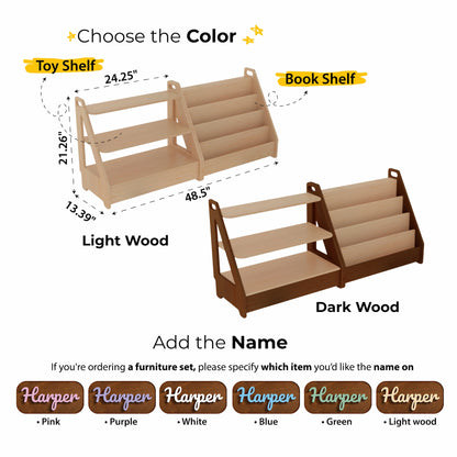 A product infographic for the Space Chris Toy & Bookshelf set, showing the shelves in a light and dark wood finishes with dimension callouts.