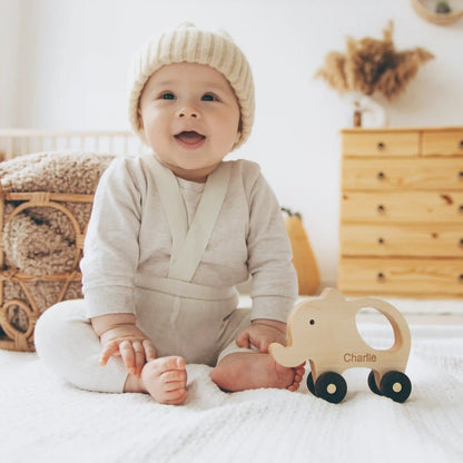 Personalized Wooden Toy Animals & Cars – Montessori Baby Gift, Elephant Nursery Decor, Toddler Toys, 1st Birthday Gift