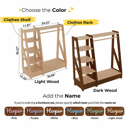 A wooden clothes shelf and clothes rack set with dimension labels, wood color variations and variations for colors of chilld's name letters on the shelf.