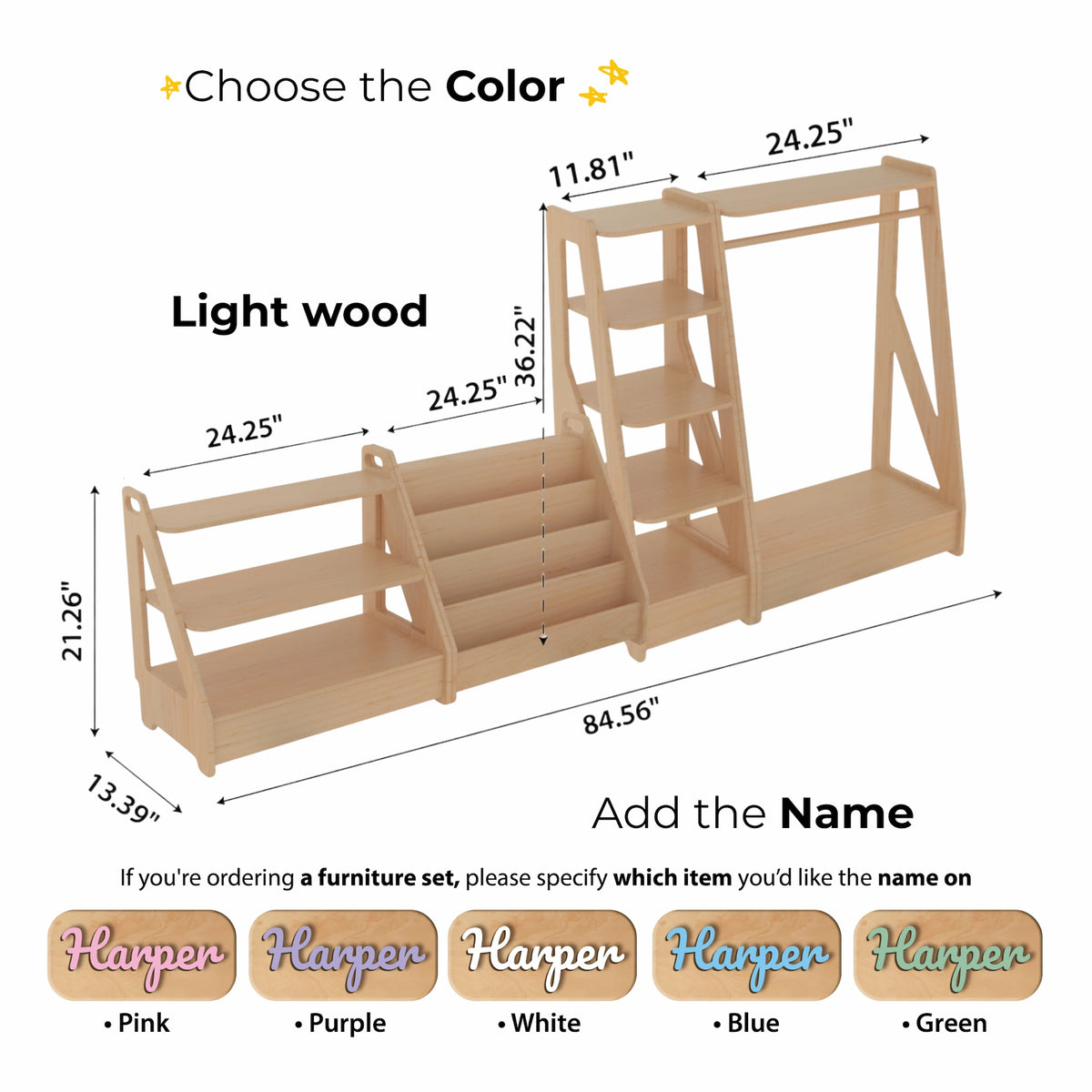 Montessori kids furniture set in light wood — bookshelf, toy shelf, clothing shelf and rack with dimensions and 5 name color options