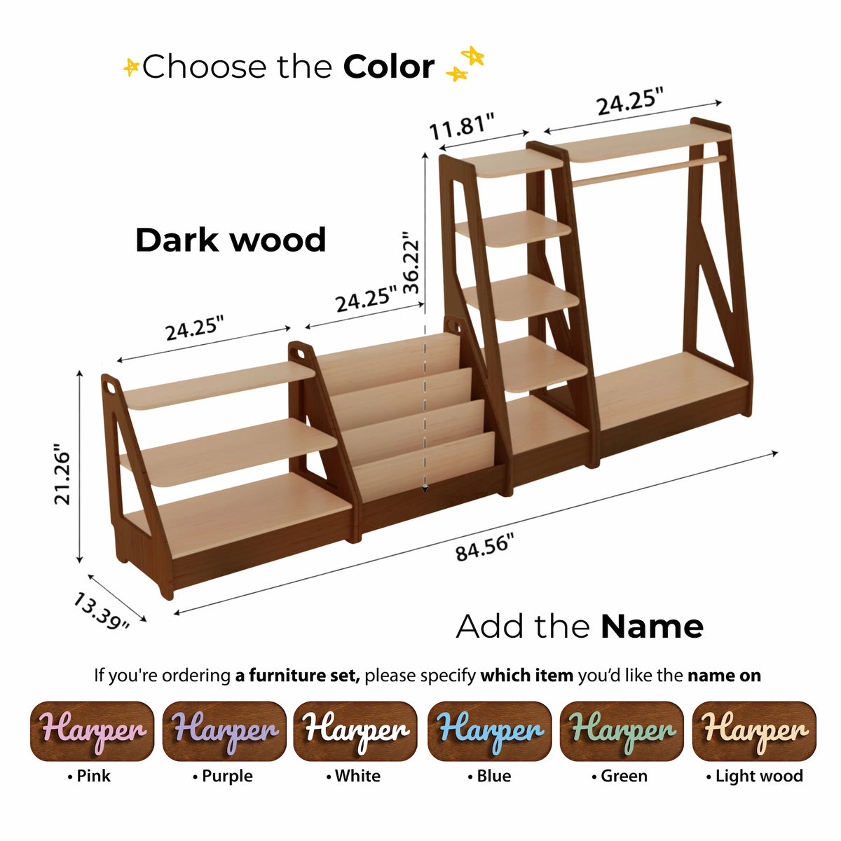 Montessori kids furniture set in dark wood — bookshelf, toy shelf, clothing shelf and rack with dimensions and 6 name color options