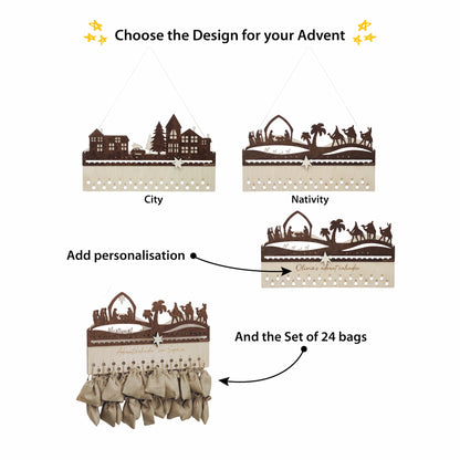 Wooden advent calendar design options - City and Nativity styles with personalization and burlap bag set
