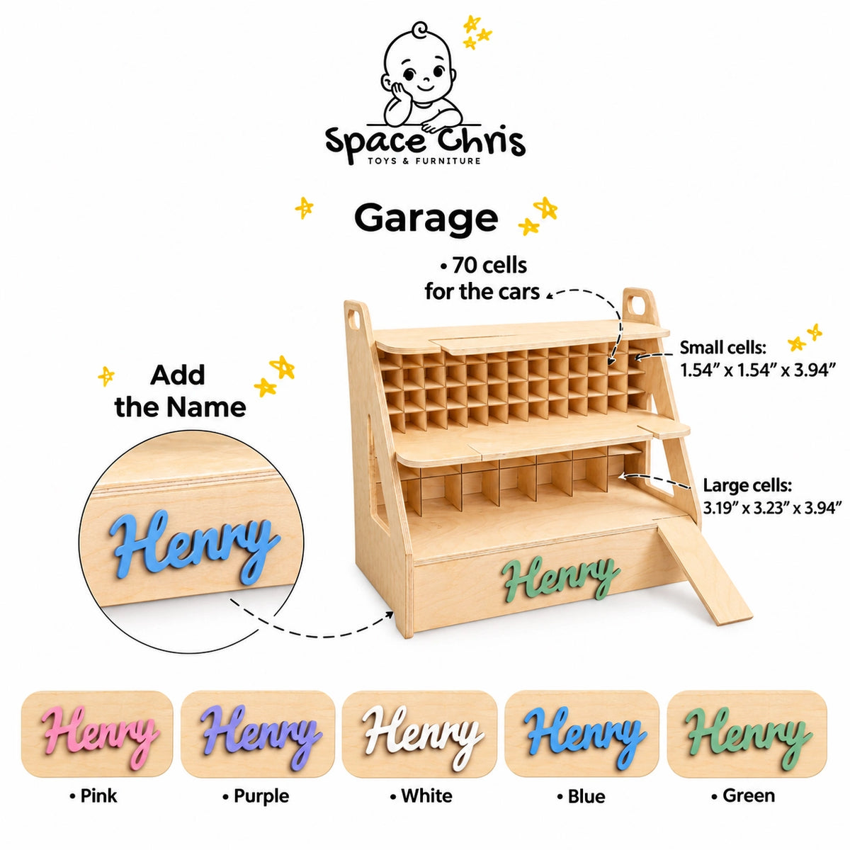Toy car garage infographic with 70 cells, cell sizes and 3D name color options