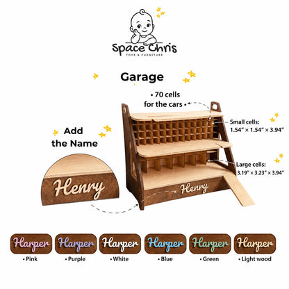 Personalized Wooden Toy Car Garage – 70-Car Storage with 3D Name