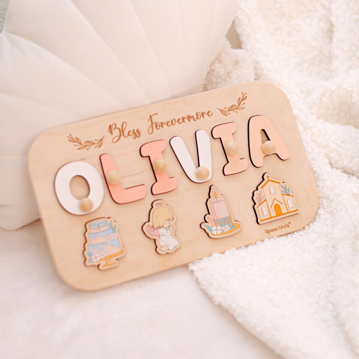 Personalized Olivia baptism name puzzle with christening icons