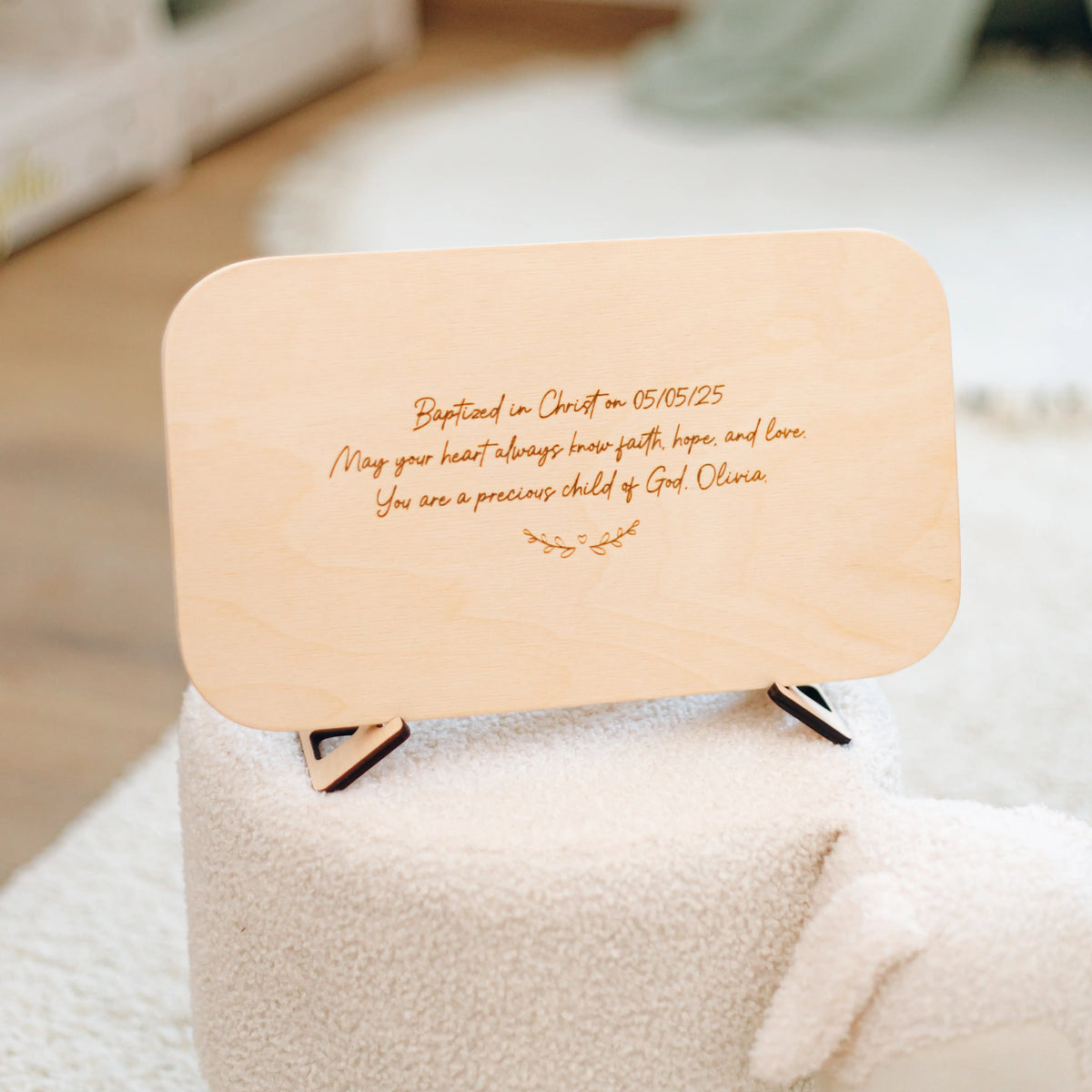 Engraved blessing message on the back of a baptism name puzzle