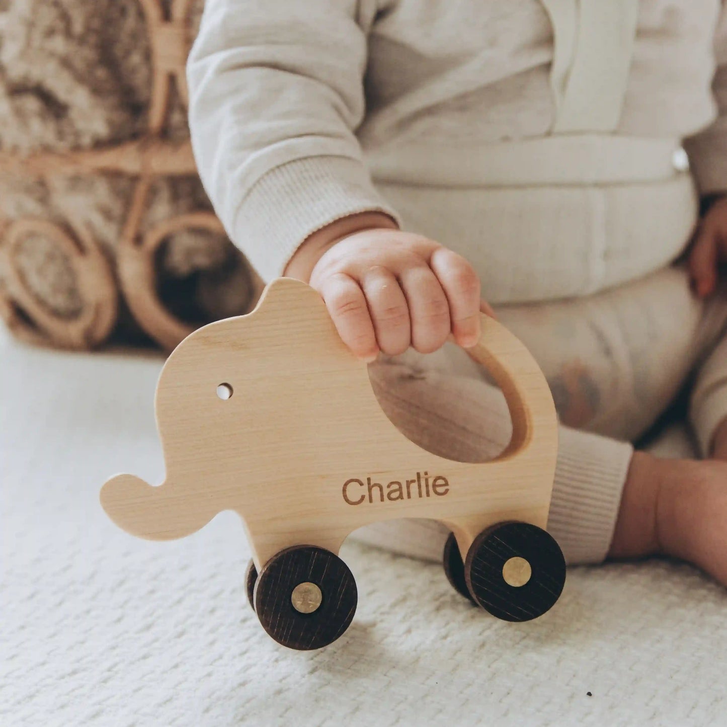 Personalized Wooden Toy Animals & Cars – Montessori Baby Gift, Elephant Nursery Decor, Toddler Toys, 1st Birthday Gift