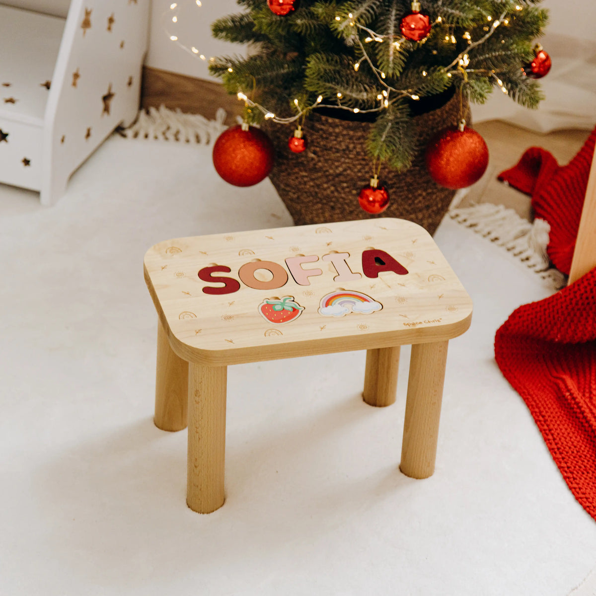 Personalized toddler step stool with the name Sofia displayed as a beautiful wooden Christmas gift.