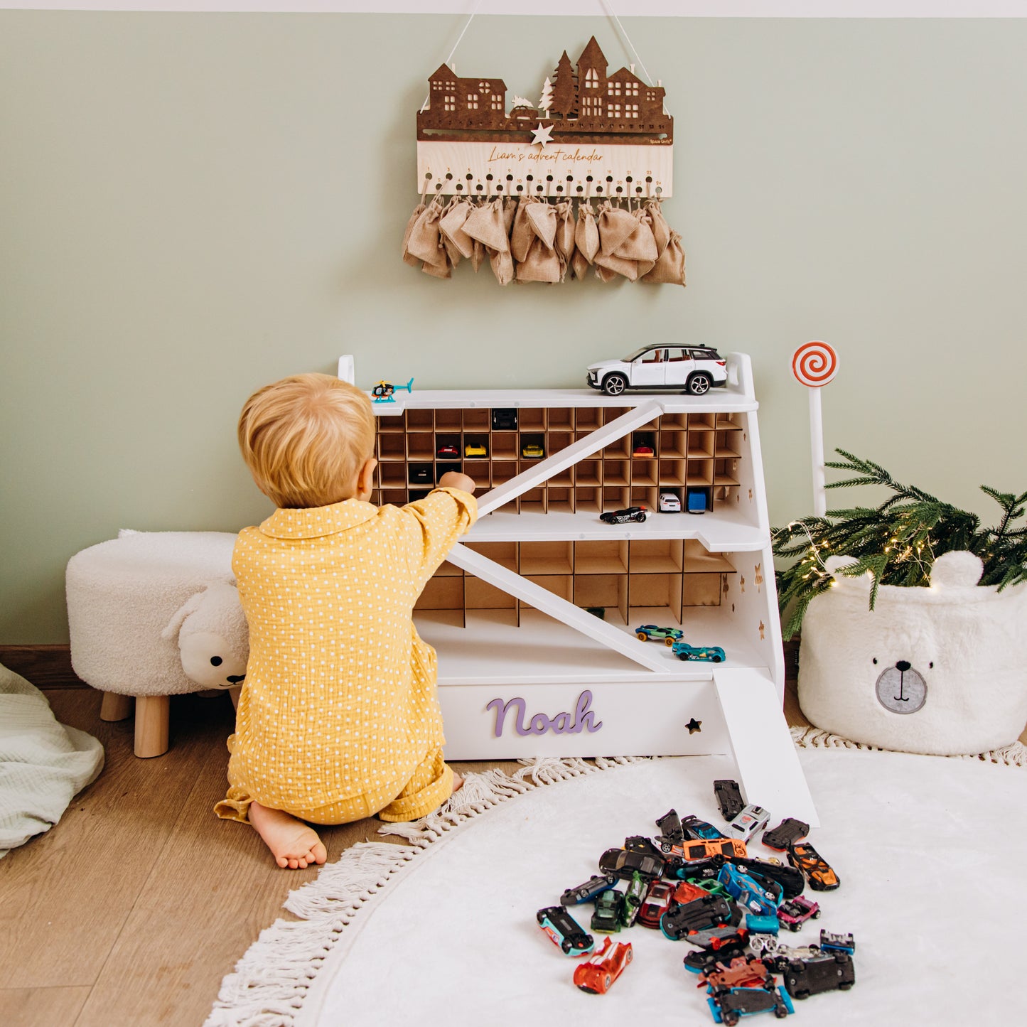 Personalized Wooden Toy Car Garage – Custom Kids Car Storage, Montessori Playroom Gift
