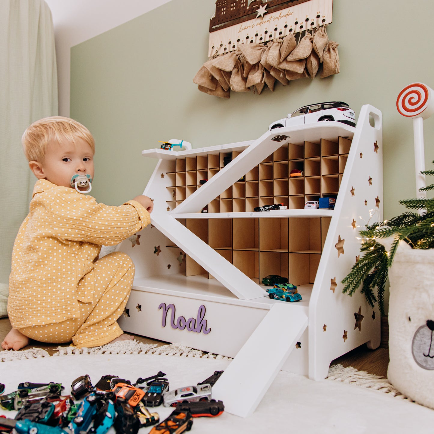 Personalized Wooden Toy Car Garage – Custom Kids Car Storage, Montessori Playroom Gift