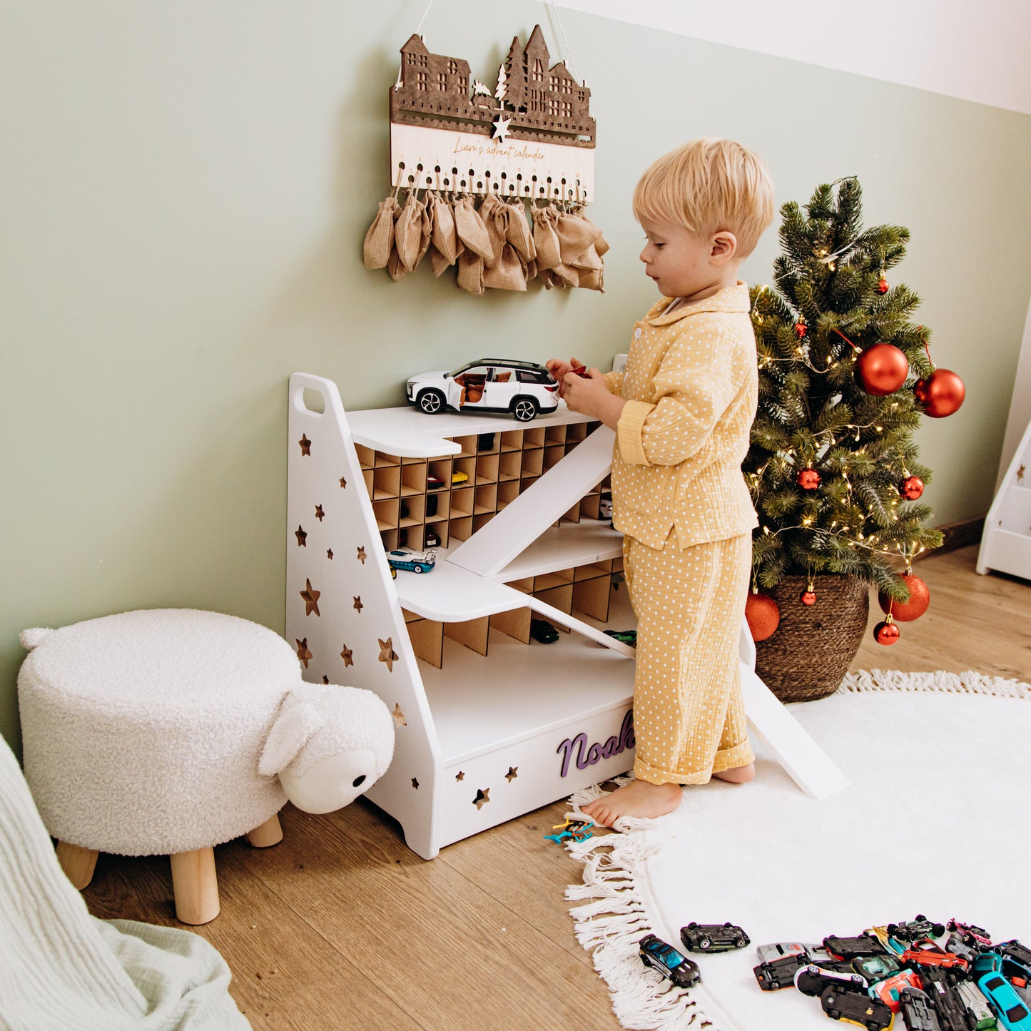 Personalized Wooden Toy Car Garage – Custom Kids Car Storage, Montessori Playroom Gift